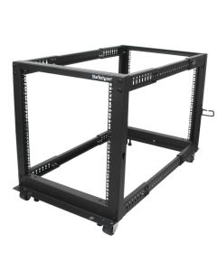 StarTech.com 4-Post 12U Mobile Open Frame Server Rack, Four Post 19" Network Rack with Wheels, Rolling Rack with Adjustable Depth for Computer/AV/Data/IT Equipment - Casters, Leveling Feet or Floor Mounting