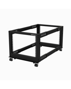 StarTech.com 4-Post 8U Mobile Open Frame Server Rack, Four Post 19in Network Rack with Wheels, Small Rolling Rack with Adjustable Depth for Computer/AV/Data/IT Equipment - Casters, Leveling Feet or Floor Mounting